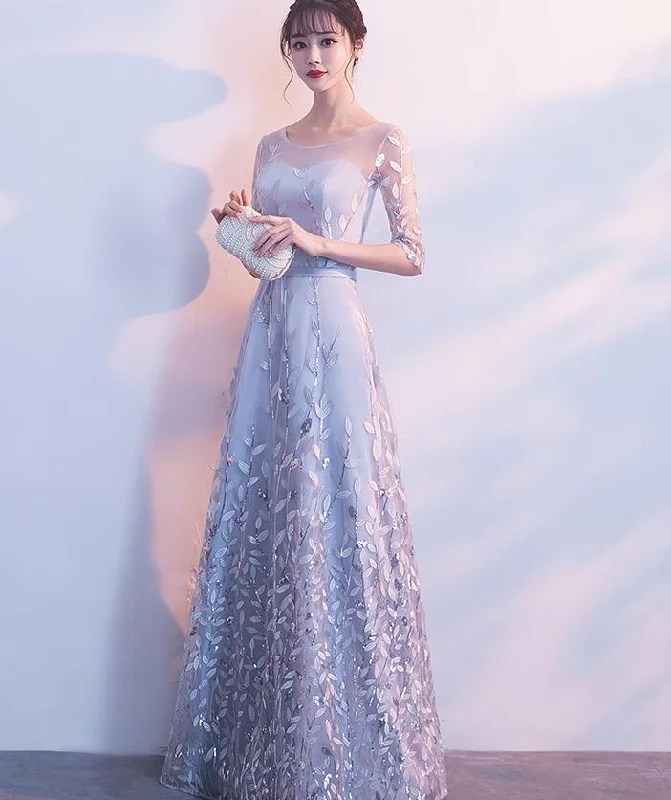Grey A-Line Tulle With Lace Short Sleeves Formal Dress, Grey Party Dress Evening Dress prom dresses    cg21111 Tunics Print Colorful