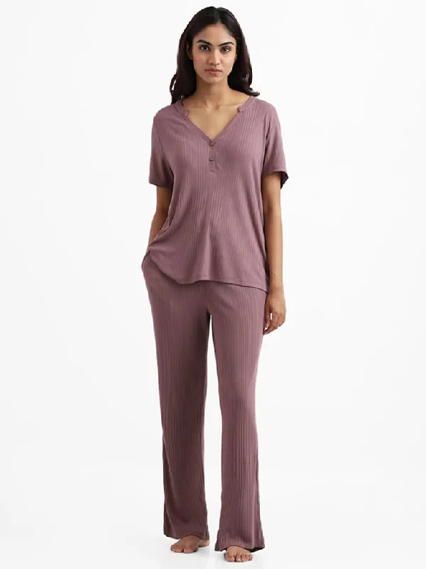 Wunderlove Sleepwear Modal Rib Light Brown Supersoft Lounge Pants Classic Pleated Pants