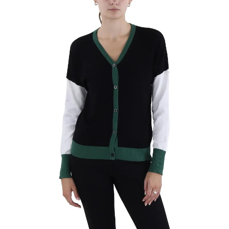 Yal Womens Contrast Trim Colorblock Cardigan Sweater Silk Blend Satin Velvet