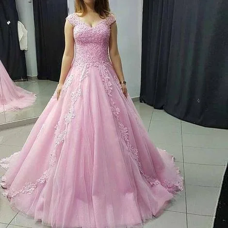 Princess Ball Gown Prom Dress Pink Tulle Cap Sleeve Wedding Party Dress With Lace Appliques            cg22899 Peplum Ruffle Cocktail