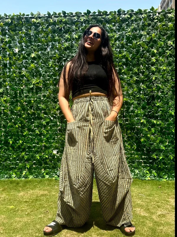 Amani Cowl Handloom Cotton Pants With Elastic- Blue Stripe Trendy Wide-Leg Pants