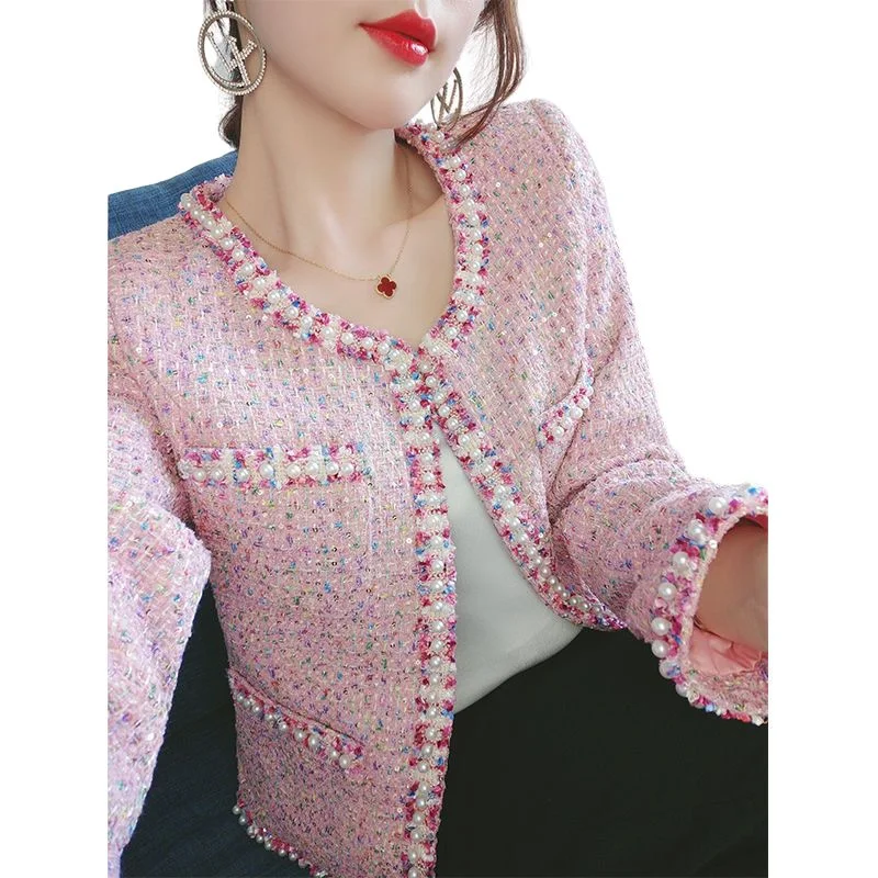 UTG Women's Elegant Stylish Fashion Office Business Casual Beaded Pink Plaid Blazer Jacket Satin Jacket Silk Jacket Chiffon Jacket