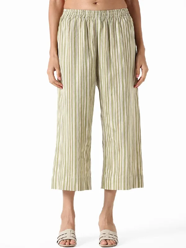 Utsa Green Striped Straight Pants Casual Yoga Pants