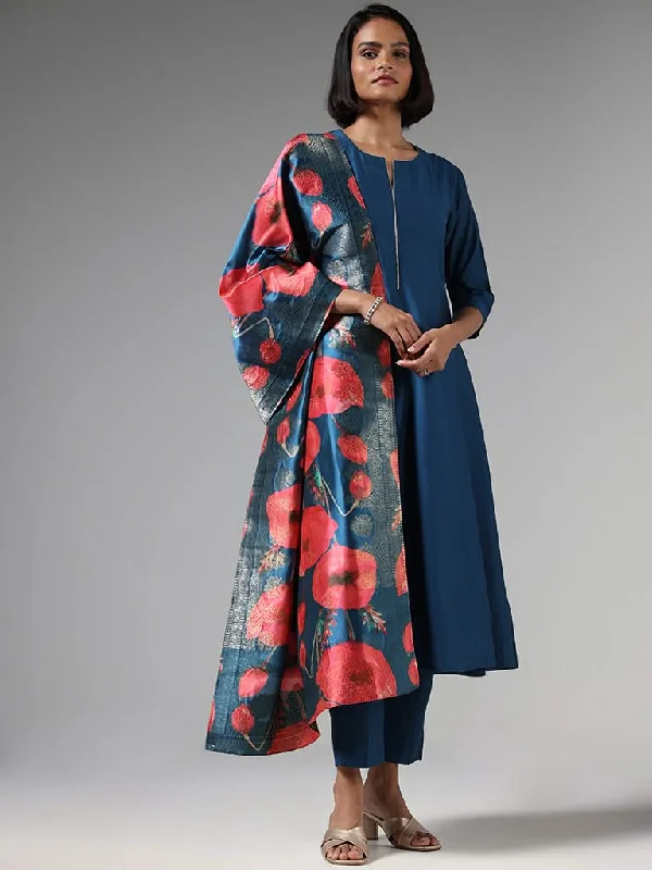 Vark Solid Indigo Kurta, Pants with Floral Dupatta Set Fashionable Tapered Leg Pants