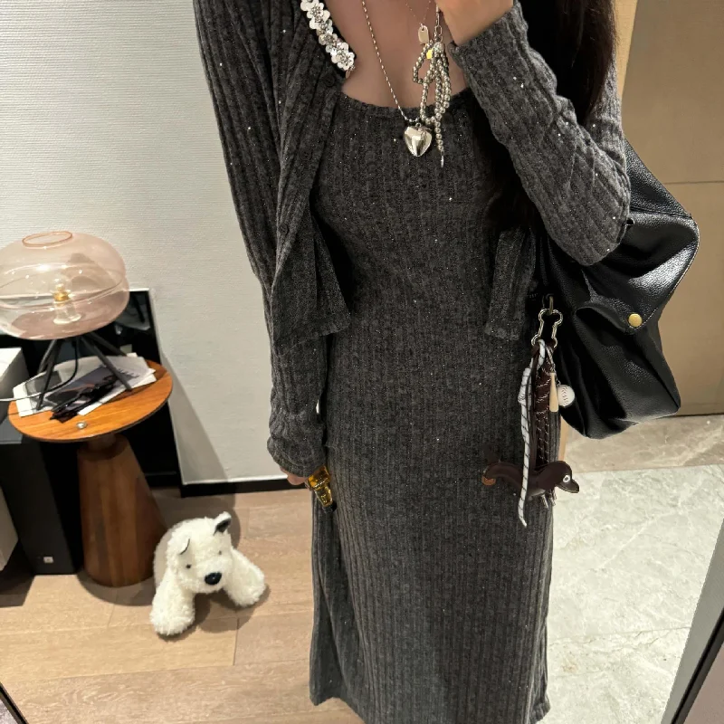 Cinessdshop fall outfits 2024  Autumn New Korean Style Beaded Sequin Stitching Cardigan + Sling Dress Long Dress Two-Piece Set Lazy Suit Women Herringbone Houndstooth Plaid