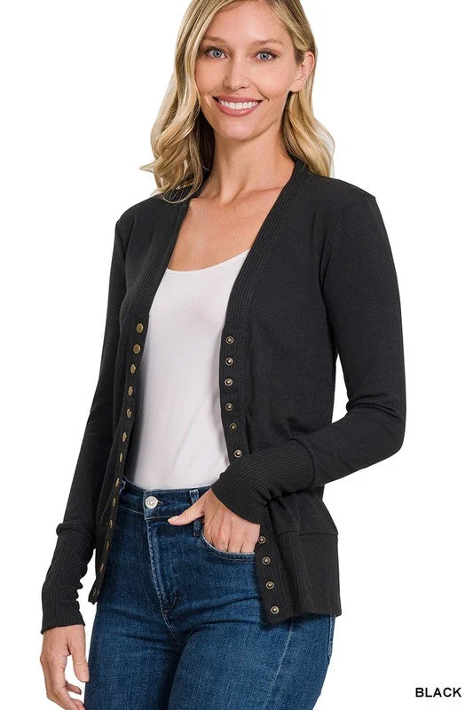 Oh Snap Black Ribbed Snap Closure Cardigan (Size Small) Chenille Fabric Brocade Fabric Lace Fabric