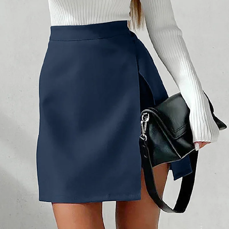 Women's High Waist Blue Split Skirt leather skirt bold