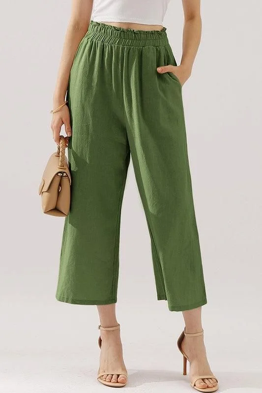 EASY PULL ON LINEN CAPRIS PANTS WITH SIDE POCKET Slim-Fit Khaki Pants