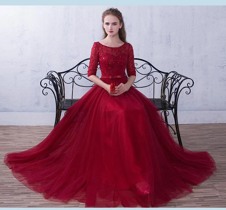 Wine Red Short Sleeves Beaded Tulle Wedding Party Dress, A-Line Tulle Long Prom Dress   cg21919 Tunics Occasion special