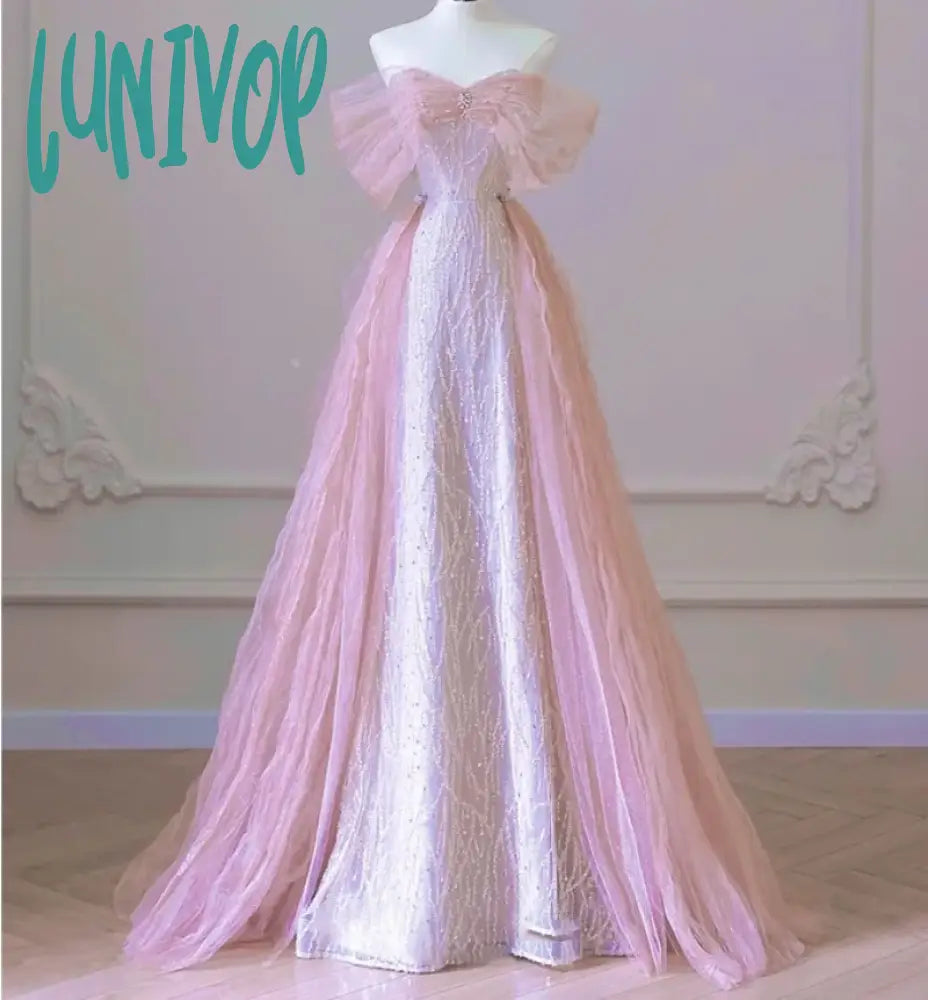 Lunivop Elegant Boat Neck Pink Formal Pearl Evening Dress 2024 Sweet Bow Quinceanera Dress Beading Banquet Party Dresses Vestidos Tunics Solid Classic