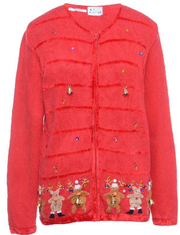 Beyond Retro Reworked Christmas Cardigan With Bells - M Beaded Cardigan Sequined Faux Fur