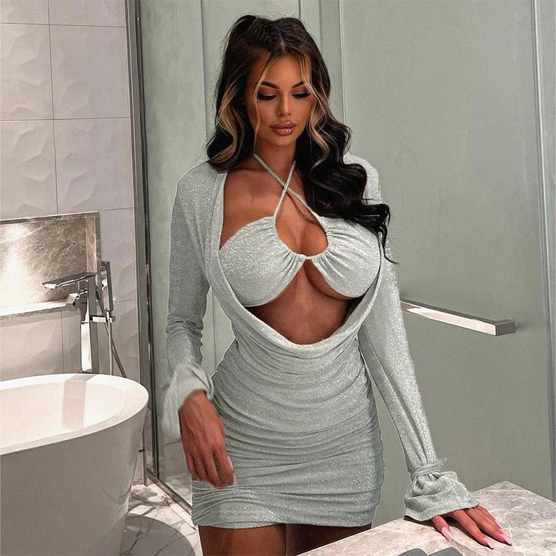 Bomblook D23DS318 2024 Spring Plunge Neck Silk Outfits With Skirt Shiny 3 Pieces Set Women Sexy Streetwear Club Clothes leather skirt refined