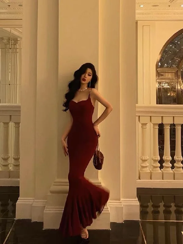 Burgundy Mermaid Long Prom Dress Formal Party Dress       cg25148 Halter Neckline Beach
