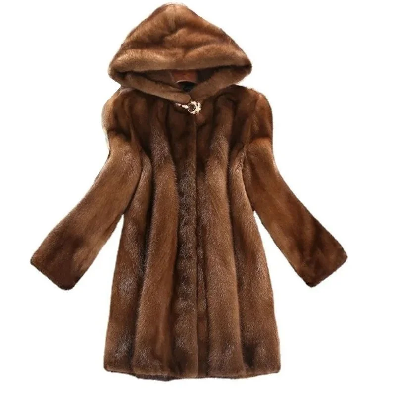 LAUTARO Women's Fine Fashion Luxury Style Long Hooded Faux Fur Brown Coat Jacket Embroidered Jacket Appliqued Jacket Beaded Jacket