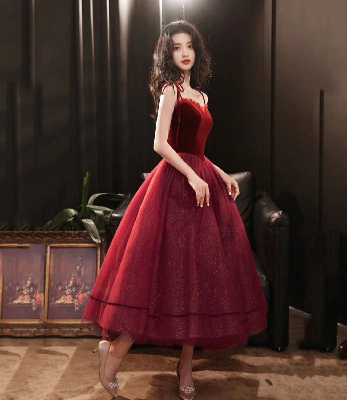 BURGUNDY TULLE SHORT A LINE PROM DRESS PARTY DRESS      cg23121 Tunics Practical easy-care