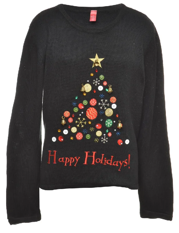 Beyond Retro Reworked Christmas Cardigan With Bells - XL Real Fur Shearling Chenille
