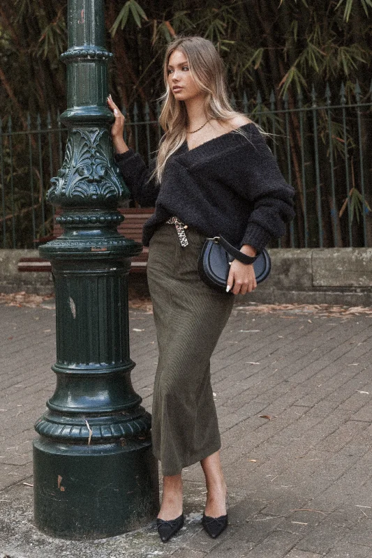 Myra Corduroy Midi Skirt - Olive patchwork skirt art