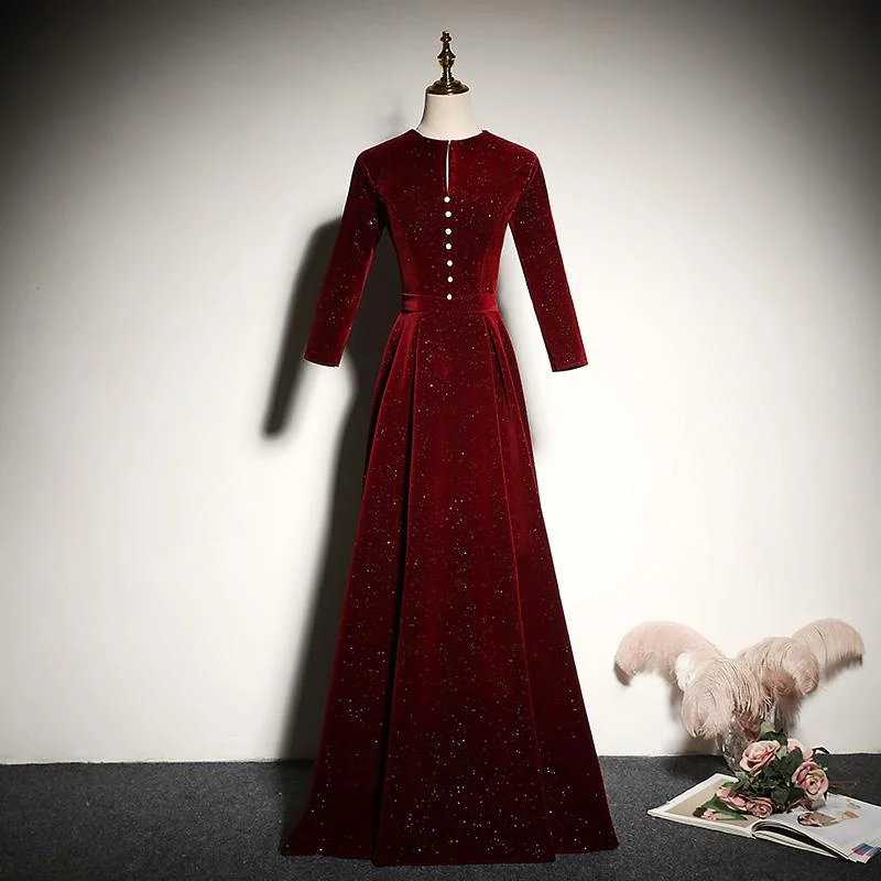 New Style Wine Red Velvet Long Sleeves Prom Dress, A-Line Floor Length Party Dress   cg14972 Tunics Sophisticated sleek