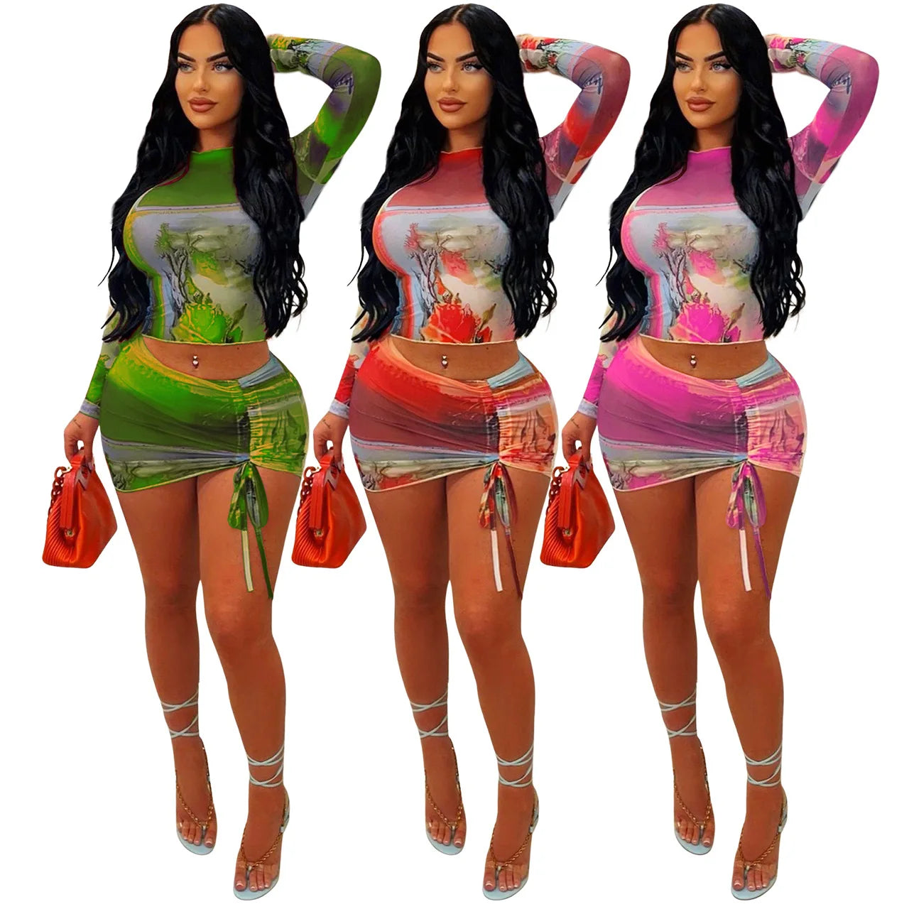 2024 new products women's skirt set Screen Printing Dew navel hollow sexy 2 piece skirt sets lace skirt feminine