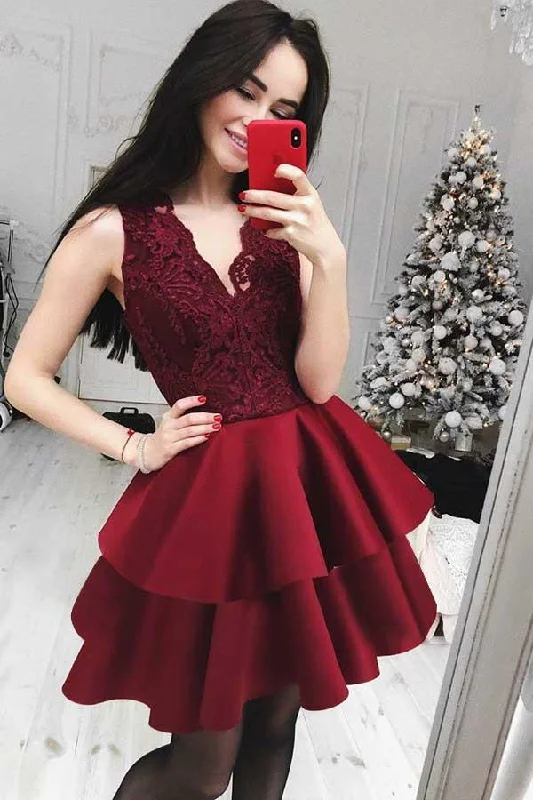 A-Line V-Neck Tiered Dark Burgundy Homecoming/Party Dress with Lace  PD032 Off-the-shoulder Bohemian Festive