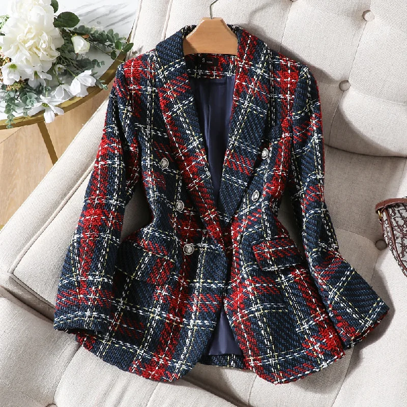 CAROLINE SUITS Women's Elegant Stylish Fashion Office Professional Woven Deep Blue & Red Plaid Blazer Jacket Herringbone Jacket Houndstooth Jacket Plaid Jacket