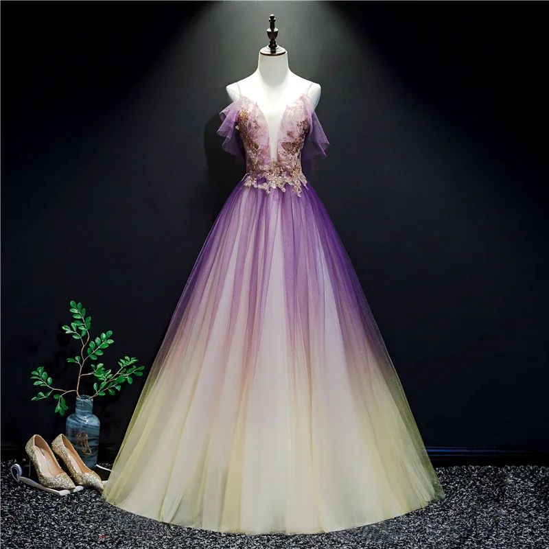 Purple And Yellow Gradient V-Neckline Straps Tulle Evening Gown, Long Prom Dress Party Dress    cg22030 Tunics Party sparkling
