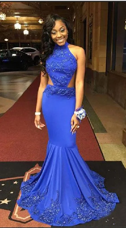 Royal Blue Satin Prom Dress Halter Neck Beaded Women Party Dress   cg21573 Tunics Stylish modern