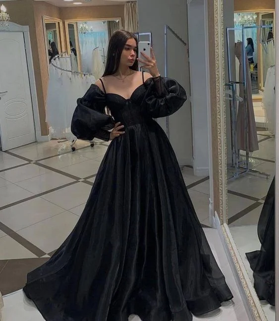 Black Long Sleeves Prom Dresses,Organza Formal Dresses,Party Dress with Train   cg24946 Tunics Yoga stretchy