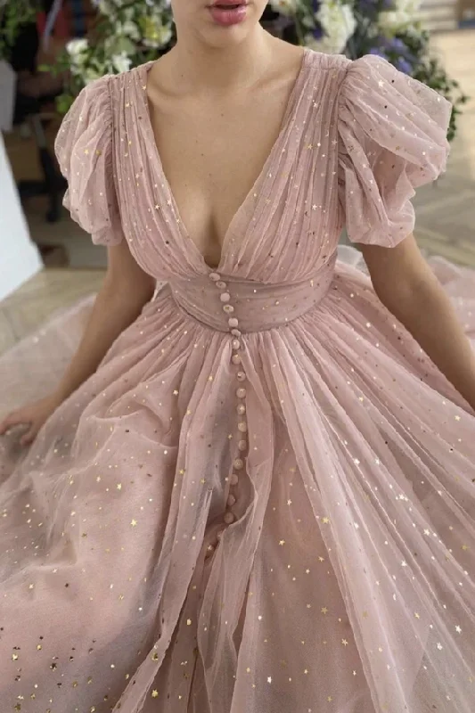 Pink v neck tulle short prom dress party dress    cg22162 Tunics Gym athletic