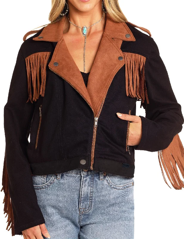 Women's Rock & Roll Black Star W/ Fringe Jacket Welt Pockets Slit Pockets Flap Pockets Women's Rock & Roll Black Star W/ Fringe Jacket Welt Pockets Slit Pockets Flap Pockets
