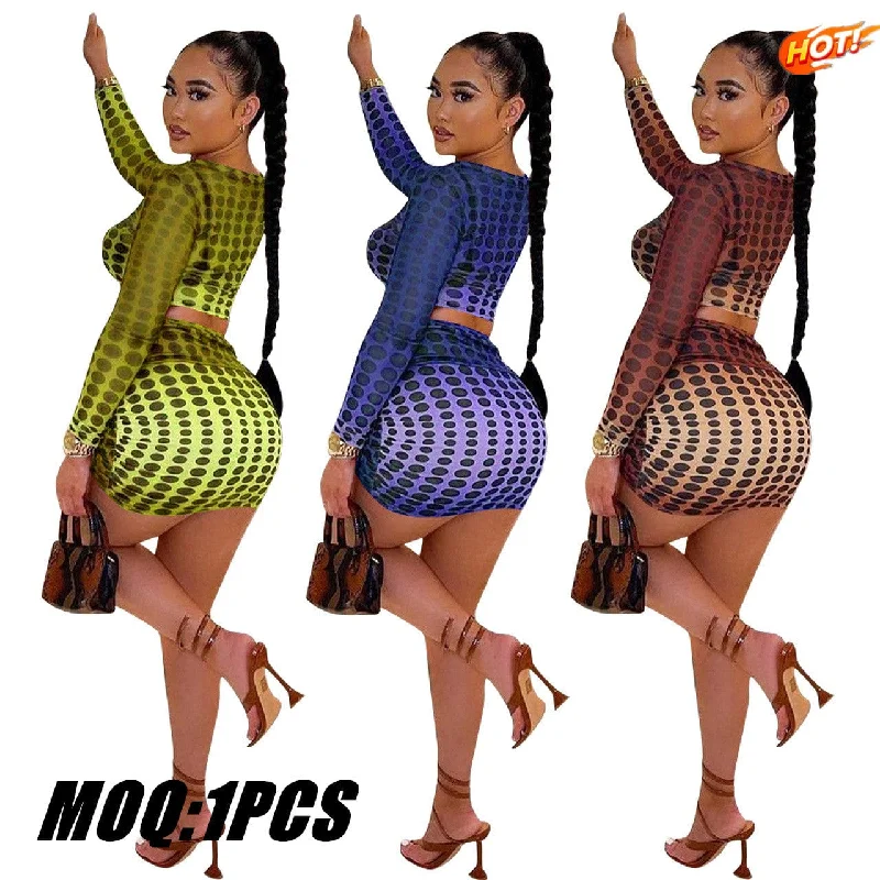 2022 Summer Women Clothes Printed Mesh 2 Piece Skirt Sets Sexy See Through Club Wear with women linen skirt light