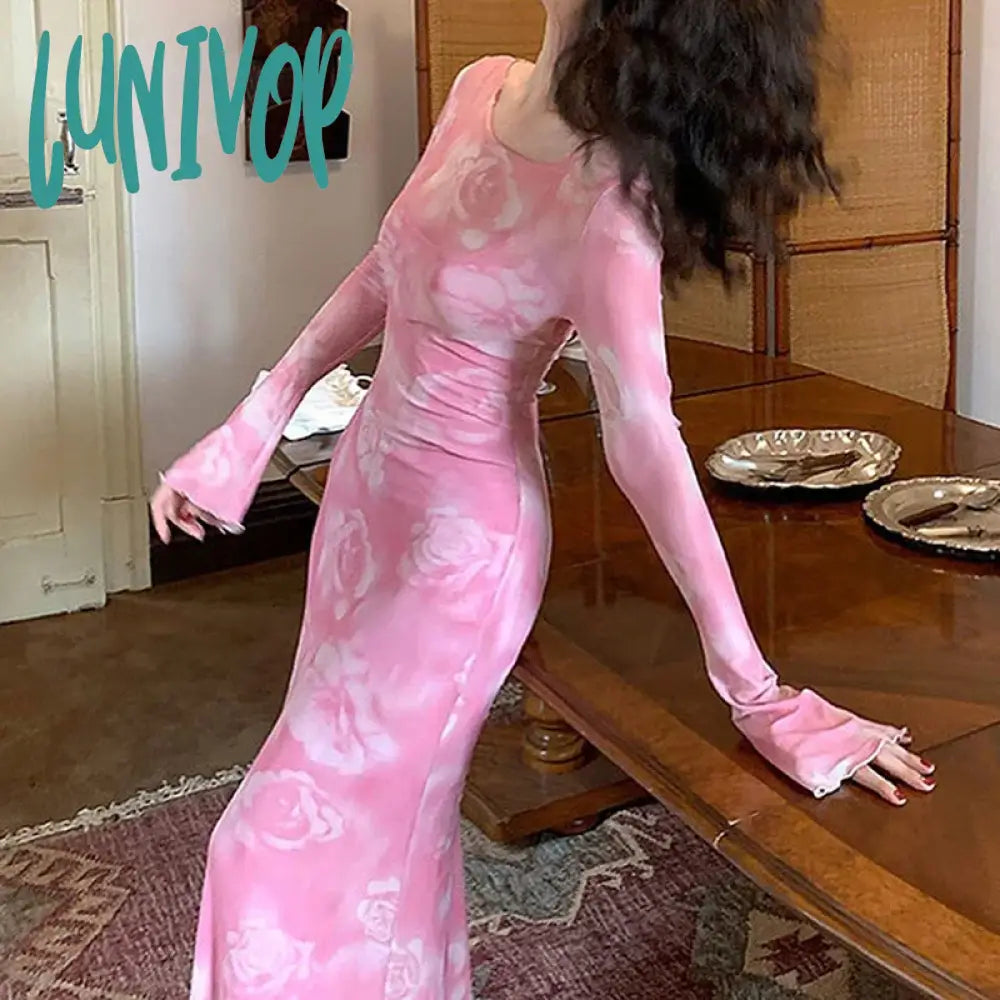 Lunivop Gradient Mesh Printing Long Dress For Women Sexy High Waisted Bell Sleeve Luxury Evening Party Dress Summer Fashion Dress Pencil Length Work