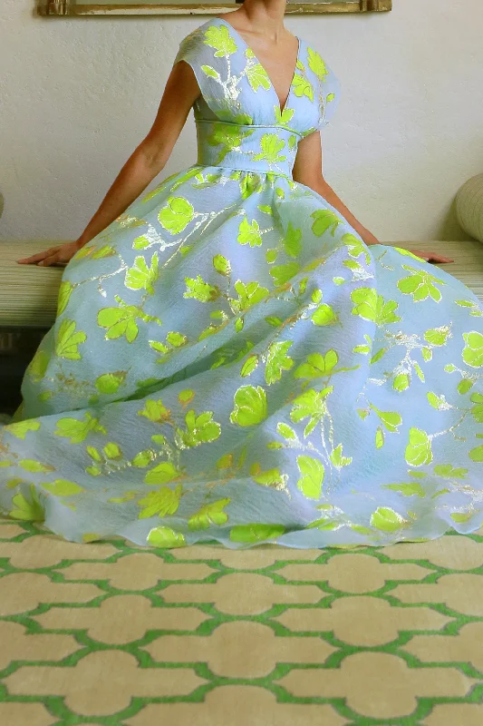V Neck Full Skirt Waist Gown in Aqua, Gold, and Chartreuse wool skirt thick