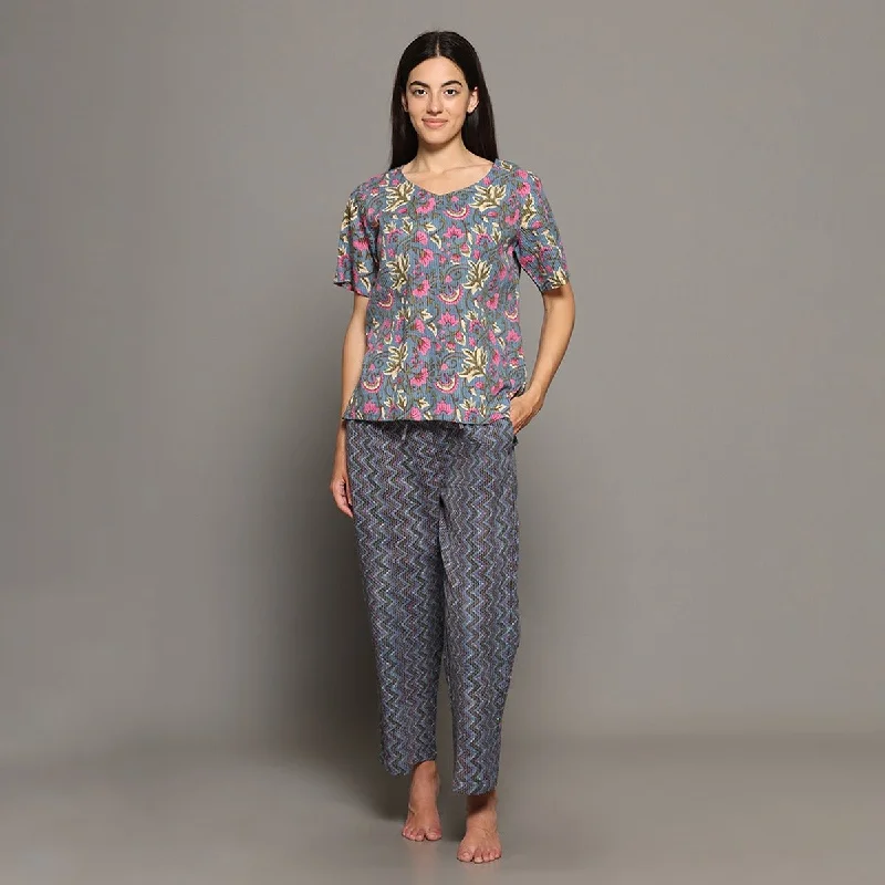 Grey Cotton Printed Top & Pants – Loungewear High-Waist Jeans