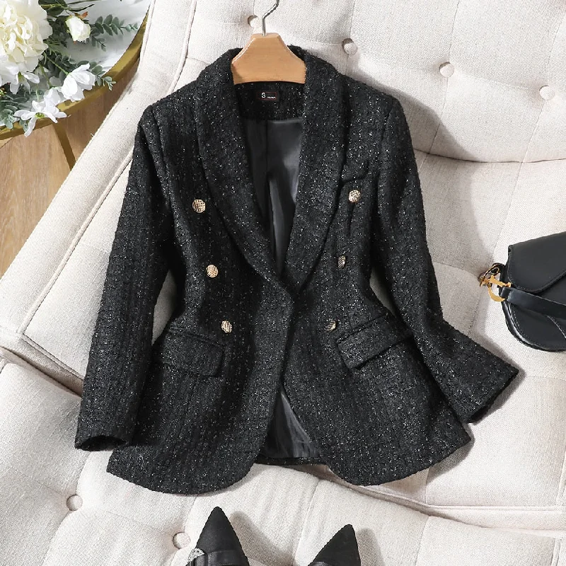 CAROLINE SUITS Women's Elegant Stylish Fashion Office Professional Woven Black Plaid Blazer Jacket Print Jacket Jacquard Jacket Embroidered Jacket