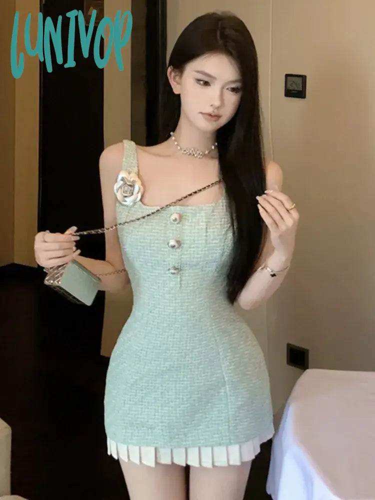 Lunivop Korean Sweet Small Fragrance Tweed Dresses For Women French Fashion 3D Flower Summer Dress Hotsweet Sexy Tank Party Dress A-Line Day Work