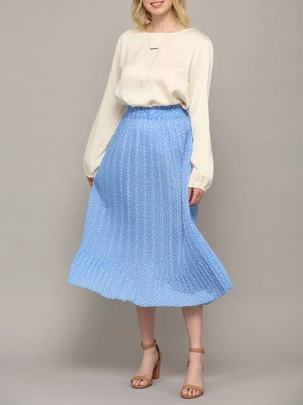 Adeline Blue Polka Dot Pleated Midi Skirt silk skirt elegant