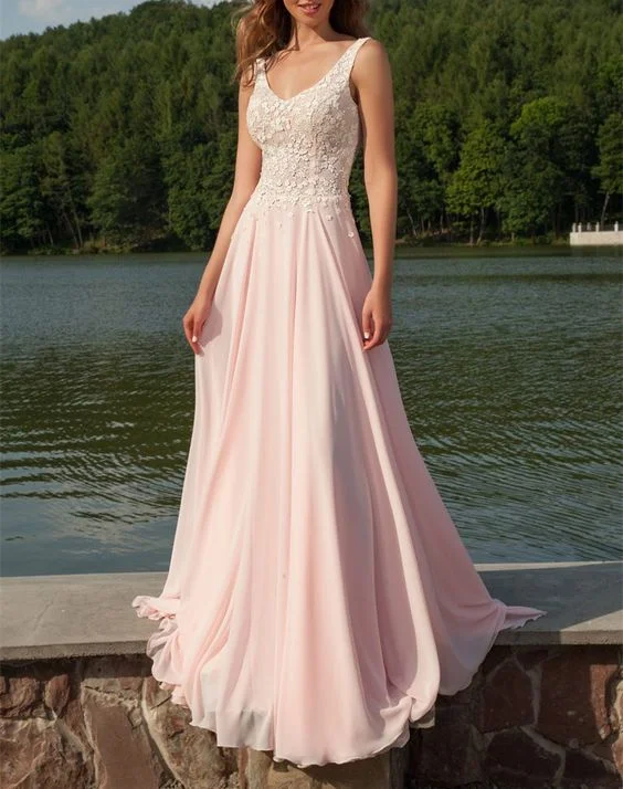 Newest V-Neck Appliques Long Sleeveless Prom Dresses,Chiffon Light Pink Party Dresses   cg14985 Tunics Timeless classic