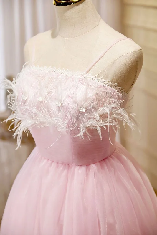 Pink Spaghetti Strap Tulle Short Prom Dress with Feather, Pink Party Dress     cg25037 Tunics Polka dots
