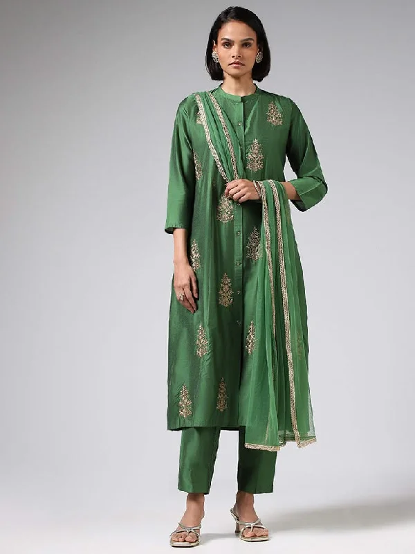 Vark Green Embroidered Kurta, Pants & Dupatta Set Cozy Fitted Pants