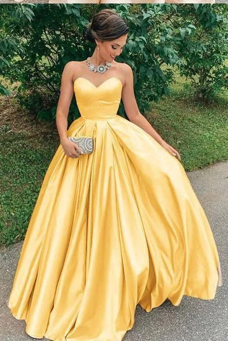 A Line Yellow Satin Prom Dresses, Strapless Sweetheart Sleeveless Party Dresses   cg15151 Tunics New arrival