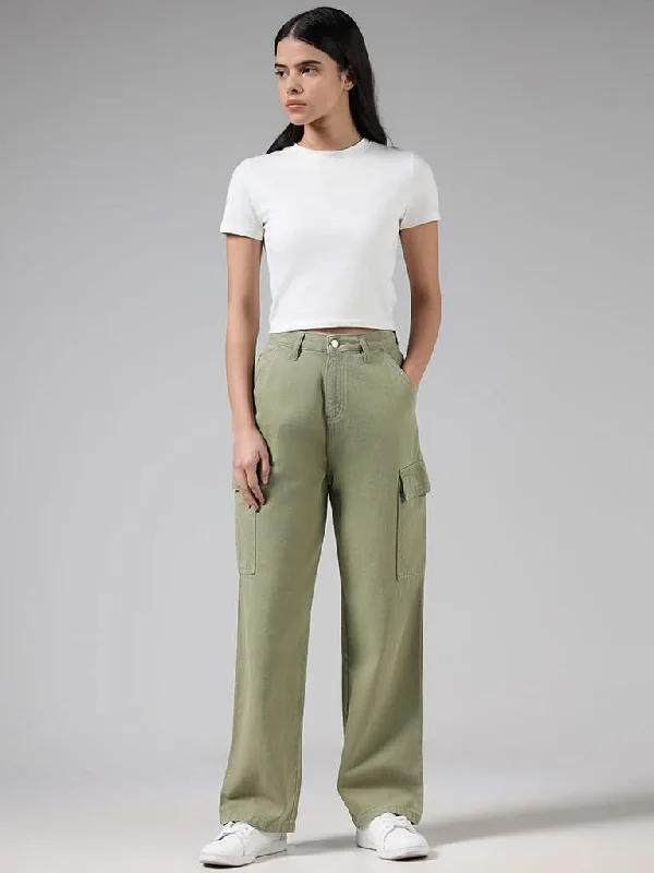 Nuon Solid Sage Green High-Rise Denim Cargo Relaxed Fit Pants Elegant Trouser Pants