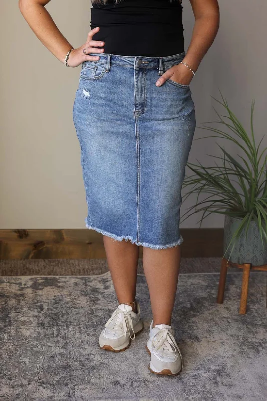 Charli Distressed Knee Length Denim Skirt leather skirt bold