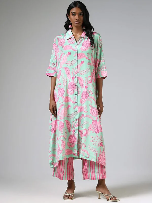 Vark Green Button Down Printed Kurta & Straight Pants Set Comfortable Pleated Pants
