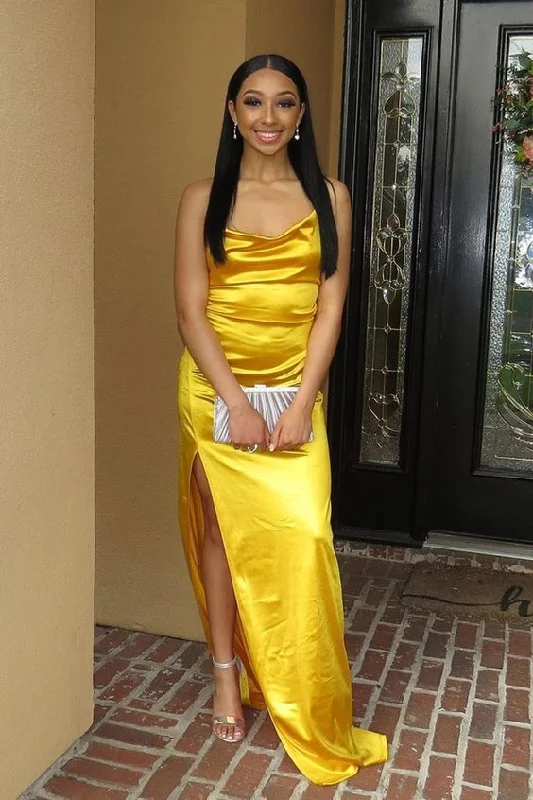 spaghetti straps gold long party dress with side slit prom dress     cg21411 Pencil Length Work