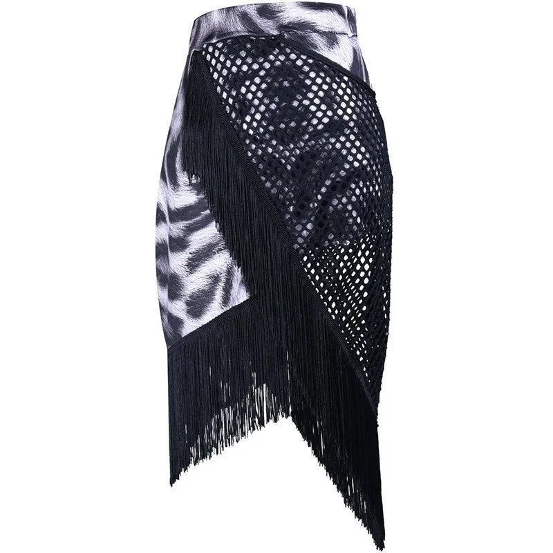 Asymmetric Tassel Hollow Out Fringed Latin Dance Skirt flowy skirt hem