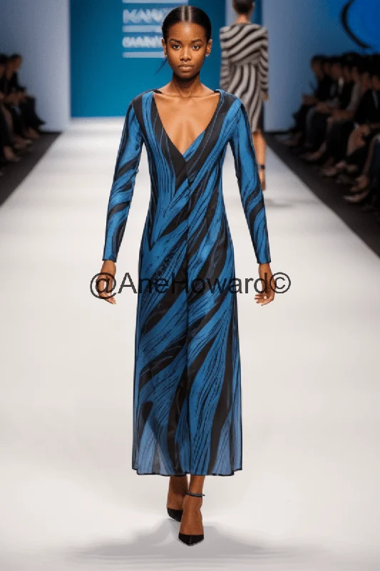Maxi Cardigan Dress True Blue Zebra Ribbed Striped Patterned