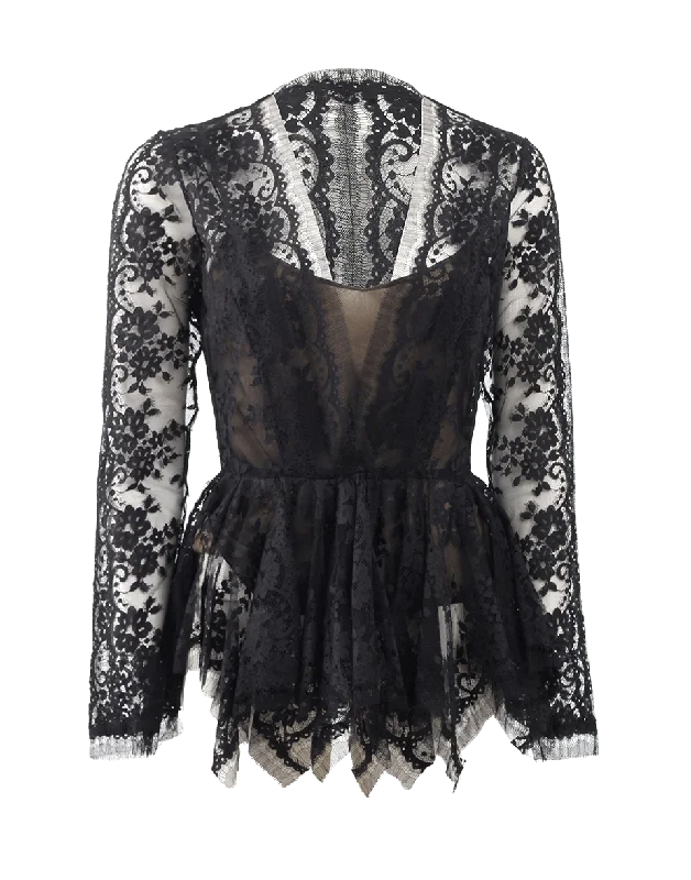 Black Lace Blouse Jacket Welt Pockets Slit Pockets Flap Pockets