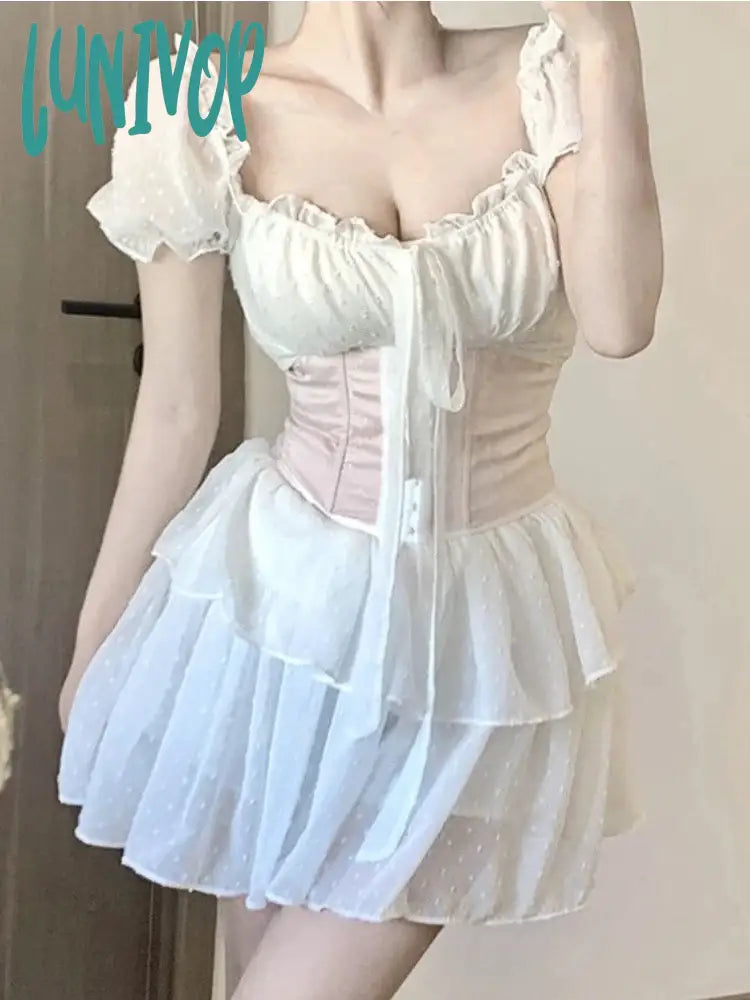 Lunivop White Sweet Kawaii Two Piece Set Women Bodycon Sexy Party Dress Set Female Korean Fashion Elegant Princess Dress Suit Tunics Polka dots