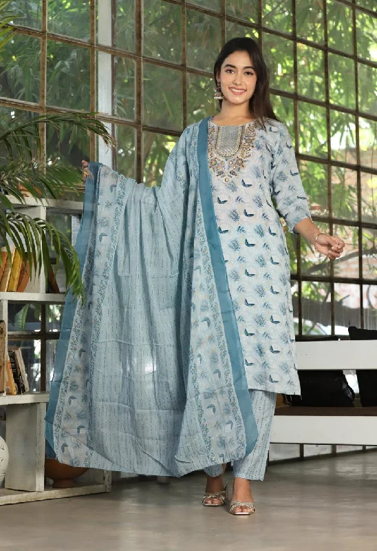 Women's Ready To Wear Floral Printed Straight Kurti-Pant-Dupatta - Ethnicmix Elegant High-Waist Pants